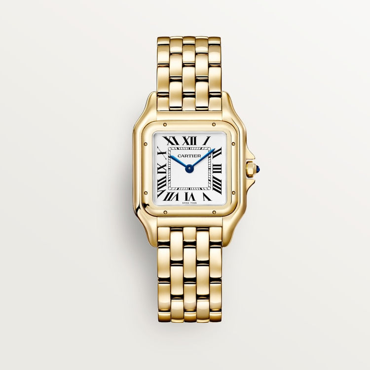 Panthère Medium 29mm x 37mm Yellow Gold Blue Sapphire Crown Silvered Dial Yellow Gold Bracelet Quartz Watch