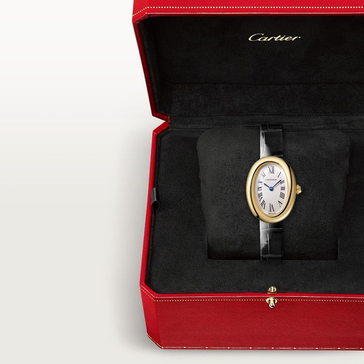Baignoire Mini 18K Yellow Gold Silvered Dial Black Alligator Strap Watch