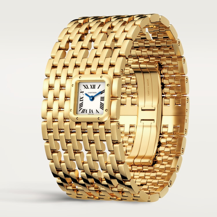 ساعة Panthère de Cartier ميني مقاس 22.4 مم × 19.1 مم، مصنوعة من ذهب أصفر، ميناء فضي بعقارب زرقاء، وسوار من ذهب أصفر، تعمل بحركة كوارتز.