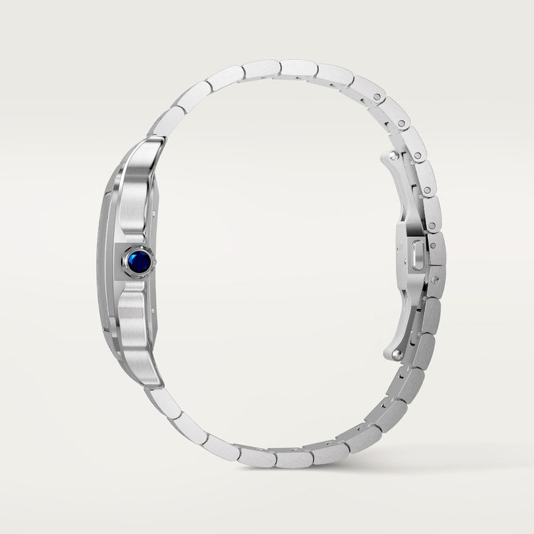 ساعة Santos de Cartier Dual Time كبيرة الحجم 40.2 مم، مصنوعة من الفولاذ، تاج أزرق، ميناء رمادي أنثراسيت، سوار فولاذي، حركة أوتوماتيكية