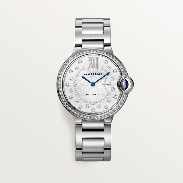 ساعة Ballon Bleu مقاس 36 مم من الفولاذ، حركة أوتوماتيكية، إطار مرصع بالألماس، ميناء فضي بنقش غيوشيه، وسوار من الفولاذ