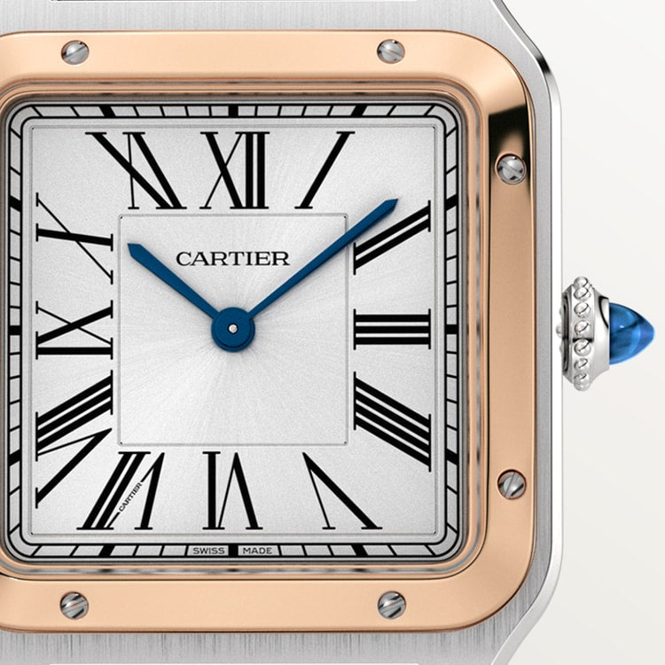 Santos-Dumont Large 43.5mm x 31.4mm Steel Rose Gold Bezel Silvered Satin-Finish Dial Black Alligator Strap Quartz Watch