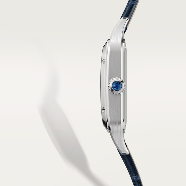 Santos-Dumont Small 38mm x 27.5mm Steel Blue Crown Silver Sunray Dial Navy Blue Alligator Strap Quartz Watch
