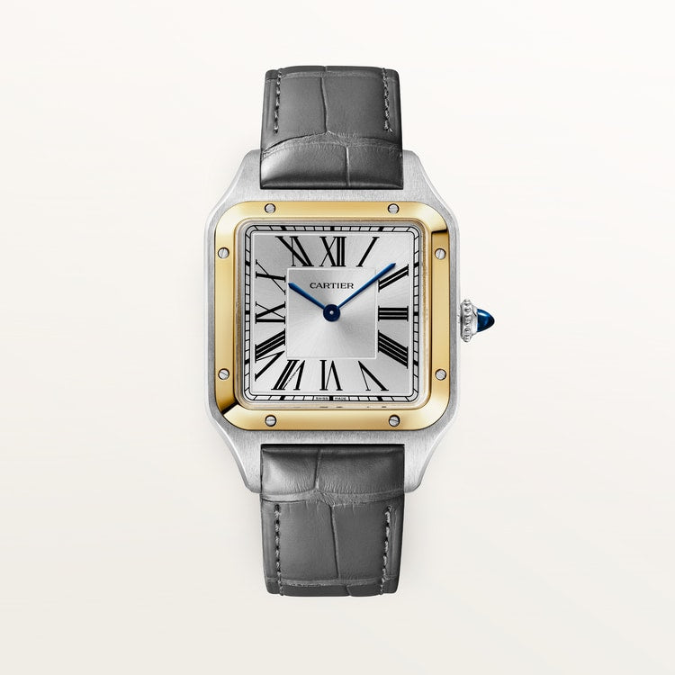 Santos-Dumont Large 43.5mm x 31.4mm Steel Yellow Gold Silvered Satin-Finish Dial Anthracite Gray Alligator Strap Self-Winding Watch