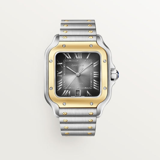 Santos de Cartier Large 39.8mm Steel Yellow Gold Blue Crown Anthracite Gray Dial Steel Bracelet Automatic Watch