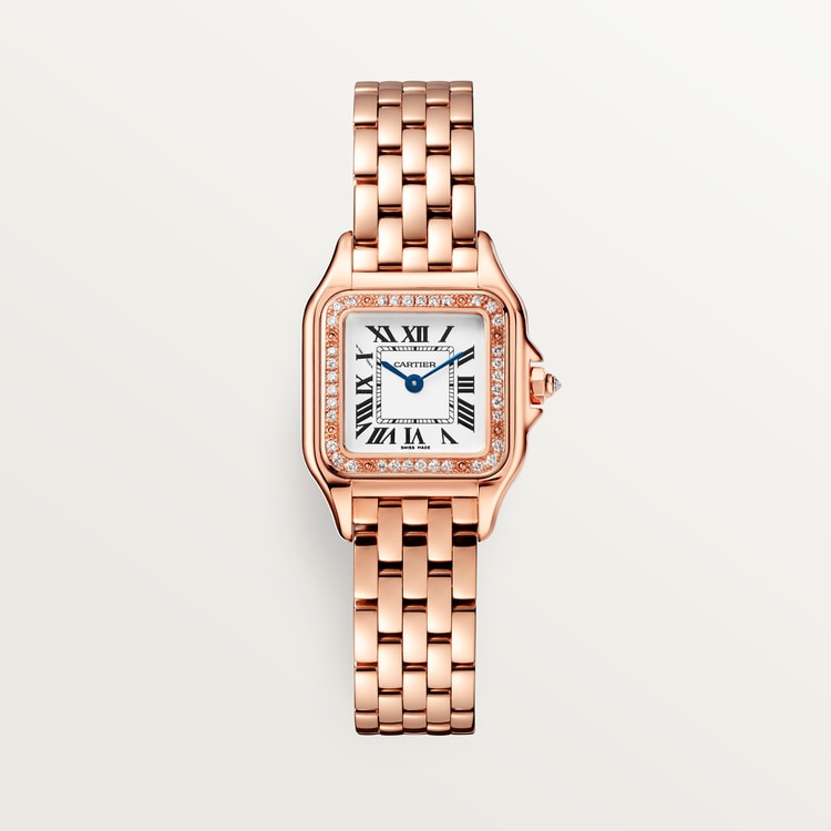 ساعة Panthère de Cartier صغيرة مقاس 22 مم × 30 مم، إطار مرصع بالألماس، تاج مرصع بالألماس، ميناء فضي، سوار من ذهب وردي، حركة كوارتز