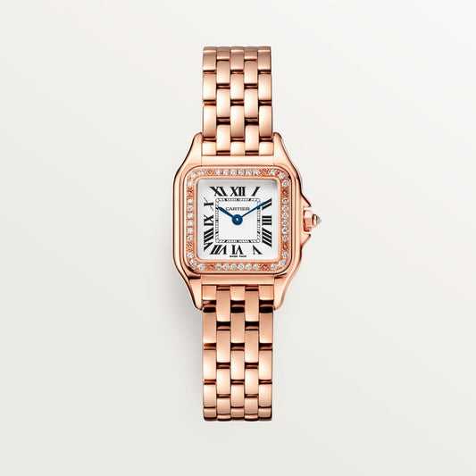 Panthère de Cartier Small 22mm x 30mm Rose Gold Diamond Bezel Diamond Crown Silvered Dial Rose Gold Bracelet Quartz Watch