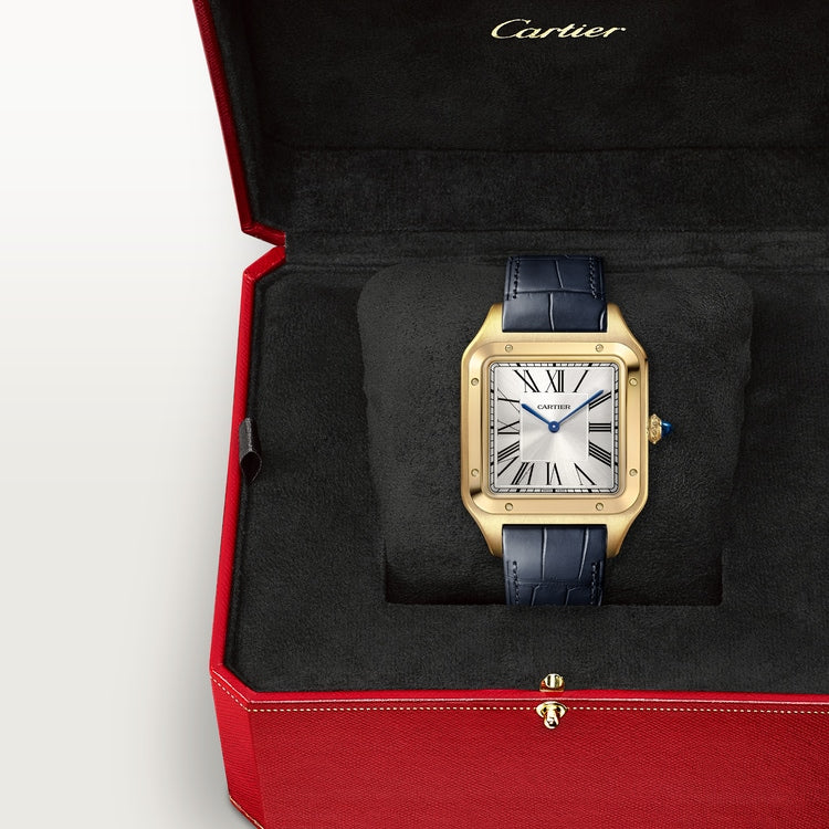 Santos-Dumont Extra-Large 46.6mm x 33.9mm Yellow Gold Silver Satin-Finish Dial Blue Alligator Strap Self-Winding Watch