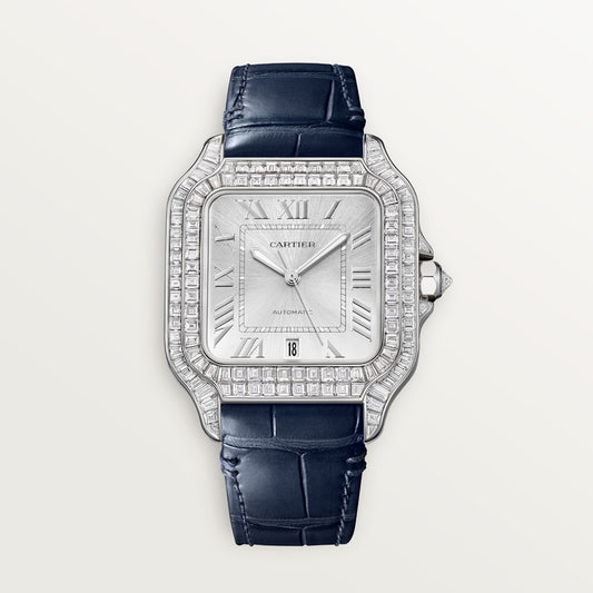 Santos de Cartier Large 47.5mm White Gold Diamond Bezel Silvered Sunray Dial Alligator Strap Self-Winding Watch