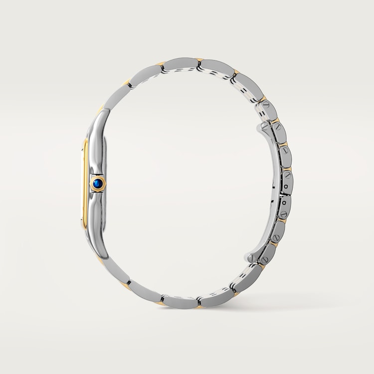 ساعة Panthère de Cartier كبيرة مقاس 42 مم × 31 مم، مصنوعة من الذهب والفولاذ، تاج أزرق، ميناء فضي، سوار من الذهب والفولاذ، تعمل بحركة كوارتز