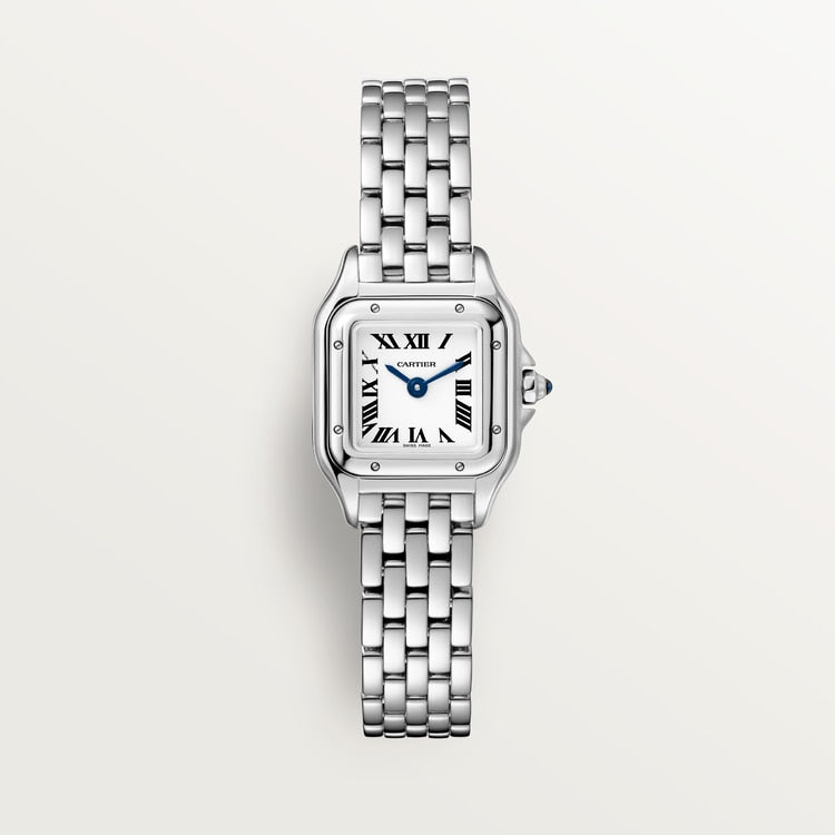 ساعة Panthère de Cartier ميني، 25 مم × 19 مم، من الفولاذ، تاج أزرق، ميناء فضي، سوار من الفولاذ، حركة كوارتز