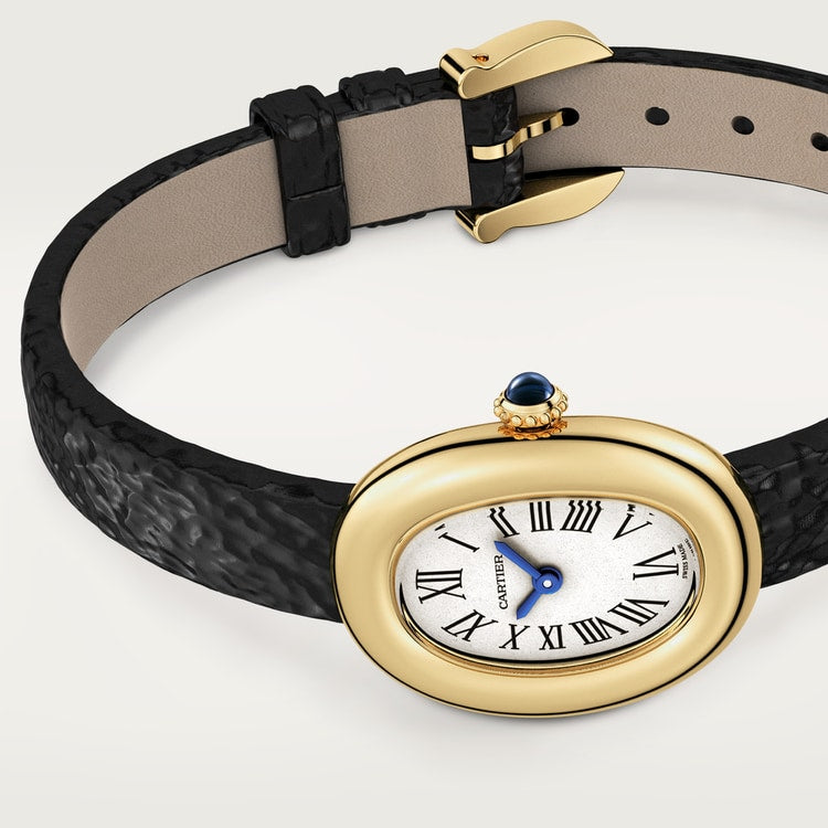 Baignoire Mini 18K Yellow Gold Silvered Dial Black Patent Leather Strap Watch