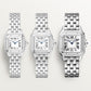 ساعة Panthère de Cartier متوسطة الحجم، مقاس 27 مم × 37 مم، مصنوعة من الفولاذ مع تاج أزرق، وميناء فضي وسوار من الفولاذ، تعمل بحركة كوارتز.