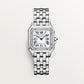 ساعة Panthère de Cartier، مقاس متوسط 36.5 مم × 26.7 مم، من الفولاذ، إطار مرصع بالألماس، تاج أزرق، ميناء فضي، سوار من الفولاذ، حركة كوارتز.