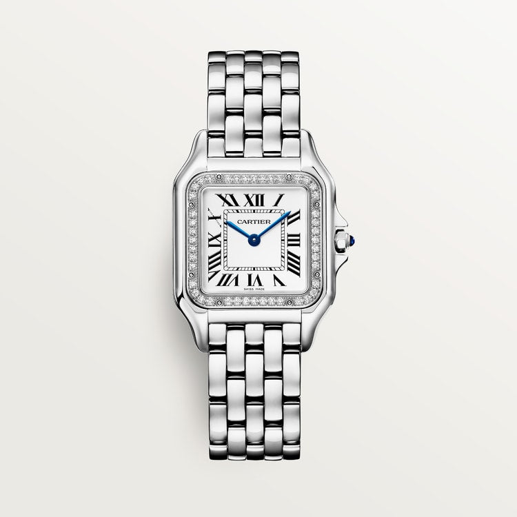 ساعة Panthère de Cartier، مقاس متوسط 36.5 مم × 26.7 مم، من الفولاذ، إطار مرصع بالألماس، تاج أزرق، ميناء فضي، سوار من الفولاذ، حركة كوارتز.