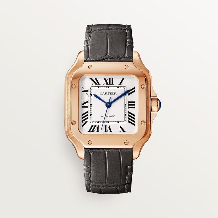 Santos de Cartier Medium 35.1mm Rose Gold Blue Crown Opaline Silver Dial Alligator Leather Strap Automatic Watch