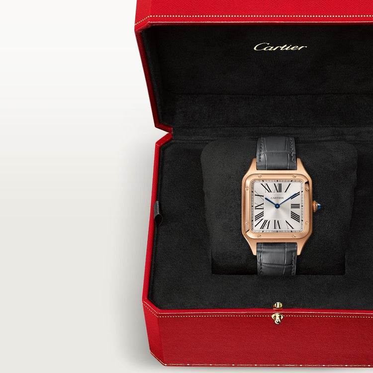 Santos-Dumont Large 43.5mm x 31.4mm Rose Gold Silver Satin-Finish Dial Gray Alligator Strap Quartz Watch