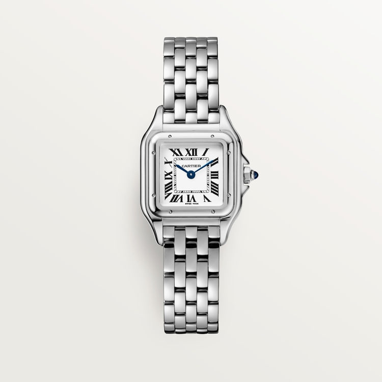 ساعة Panthère de Cartier صغيرة مقاس 23 مم × 30 مم، مصنوعة من الفولاذ مع تاج أزرق، وميناء فضي، وسوار من الفولاذ، تعمل بحركة كوارتز.