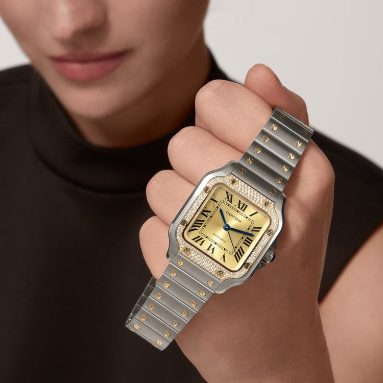 Santos de Cartier Medium 35.1mm Steel Yellow Gold Bezel Diamond-Set Golden Sunray Dial Steel Bracelet Self-Winding Watch