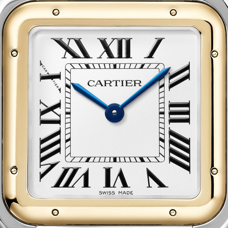ساعة Panthère de Cartier كبيرة مقاس 42 مم × 31 مم، مصنوعة من الذهب والفولاذ، تاج أزرق، ميناء فضي، سوار من الذهب والفولاذ، تعمل بحركة كوارتز