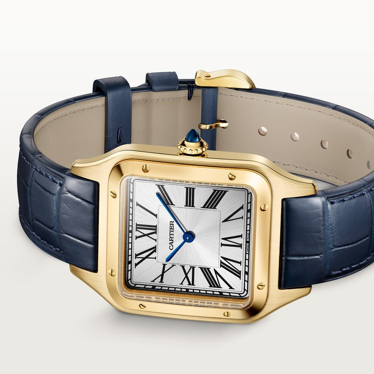 Santos-Dumont Large 43.5mm x 31.4mm Yellow Gold Blue Crown Silvered Satin-Finish Dial Navy Blue Alligator Leather Strap Manual-Winding Watch
