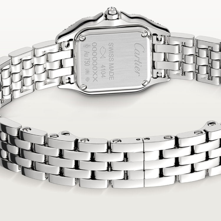 ساعة Panthère de Cartier ميني مقاس 25.1 مم × 18.5 مم، من الذهب الأبيض، إطار مرصع بالألماس، تاج مرصع بالألماس، ميناء فضي، سوار من الذهب الأبيض، حركة كوارتز.