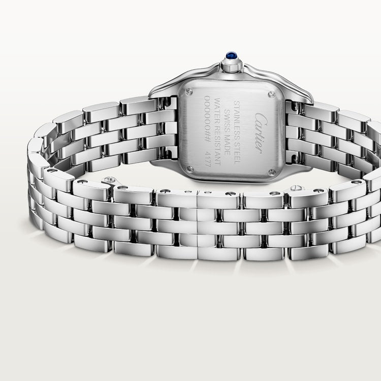 ساعة Panthère de Cartier صغيرة مقاس 23 مم × 30 مم، مصنوعة من الفولاذ مع تاج أزرق، وميناء فضي، وسوار من الفولاذ، تعمل بحركة كوارتز.