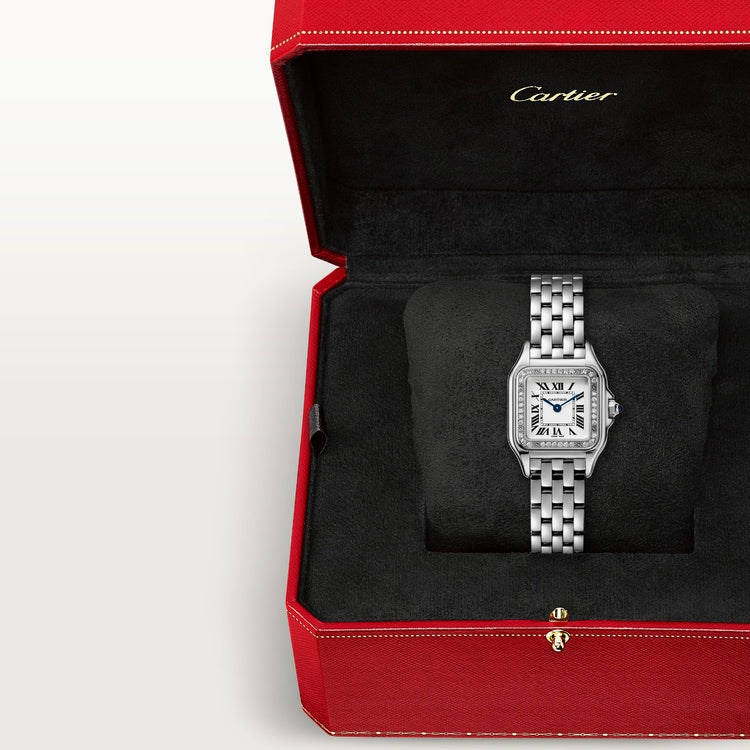 Panthère de Cartier Small 22mm x 30mm Steel Diamond Bezel Blue Crown Silver Dial Steel Bracelet Quartz Watch