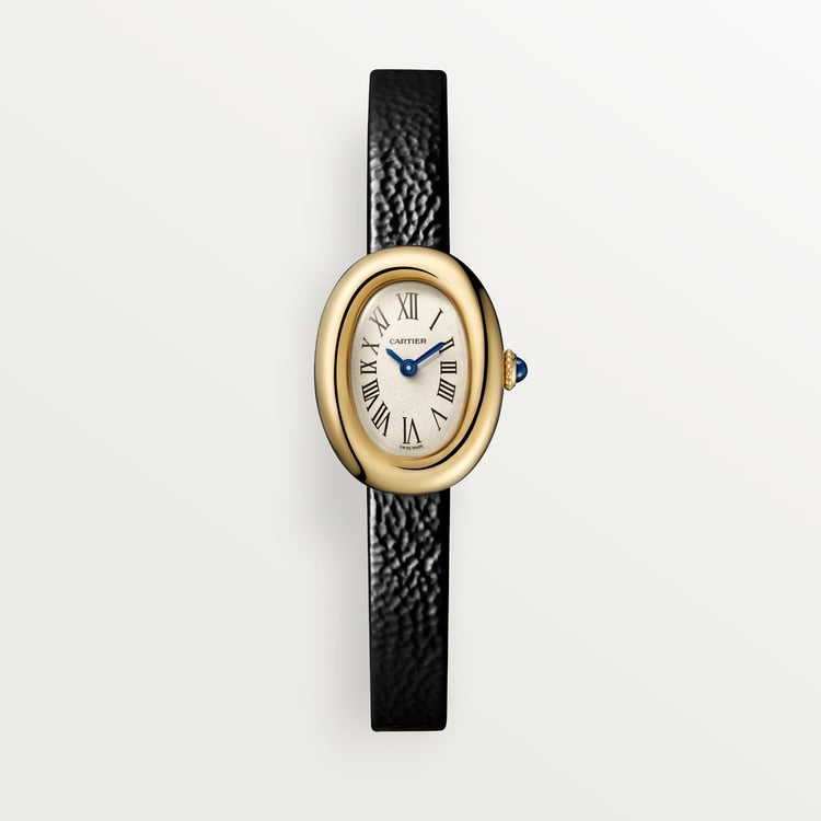Baignoire Mini 18K Yellow Gold Silvered Dial Black Patent Leather Strap Watch