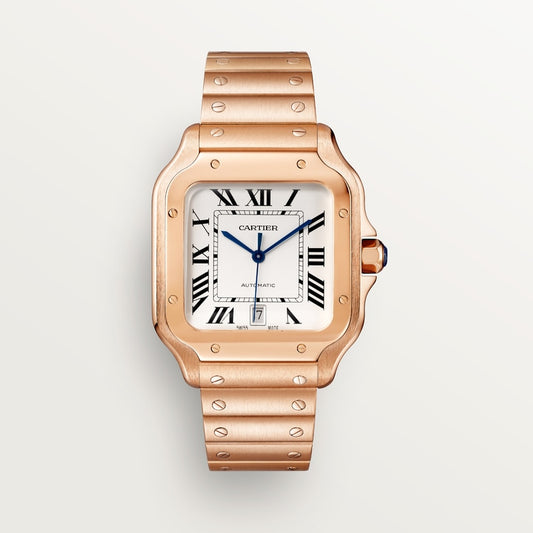 Santos Large 39.8mm Rose Gold Blue Crown Silvered Opaline Dial Rose Gold Bracelet Self-Winding Watch