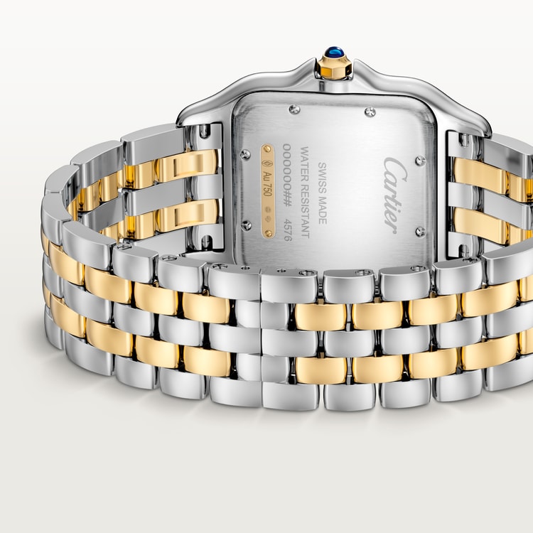 ساعة Panthère de Cartier كبيرة مقاس 42 مم × 31 مم، مصنوعة من الذهب والفولاذ، تاج أزرق، ميناء فضي، سوار من الذهب والفولاذ، تعمل بحركة كوارتز