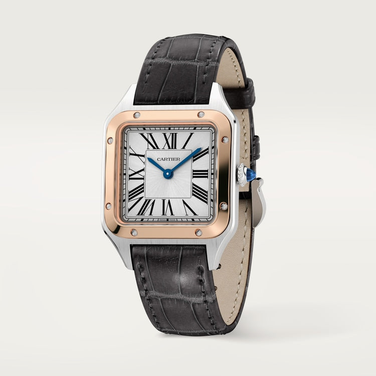Santos-Dumont Small 38mm x 27.5mm Steel Rose Gold Bezel Silvered Satin-Finish Dial Black Alligator Strap Quartz Watch
