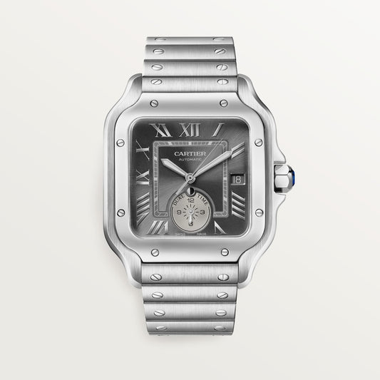 Santos de Cartier Dual Time Large 40.2mm Steel Blue Crown Anthracite Gray Dial Steel Bracelet Automatic Watch