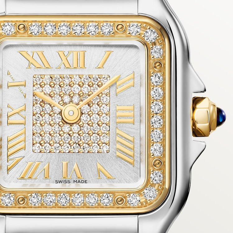Panthère de Cartier Small 30.3mm x 22mm Yellow Gold Steel Diamond Bezel Blue Crown Silvered Diamond Dial Yellow Gold Steel Bracelet Quartz Watch