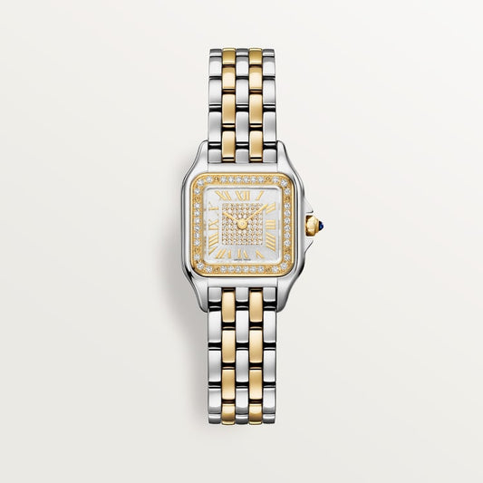 ساعة Panthère de Cartier صغيرة مقاس 30.3 مم × 22 مم، مصنوعة من الذهب والفولاذ، إطار مرصع بالألماس، تاج أزرق، ميناء فضي مرصع بالألماس، سوار من الذهب والفولاذ، حركة كوارتز