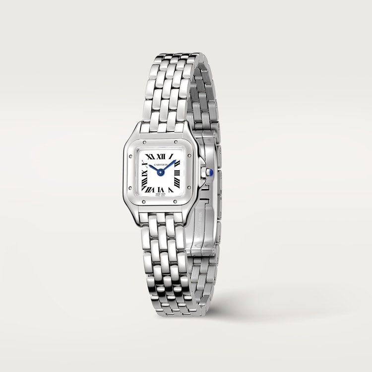 ساعة Panthère de Cartier ميني، 25 مم × 19 مم، من الفولاذ، تاج أزرق، ميناء فضي، سوار من الفولاذ، حركة كوارتز