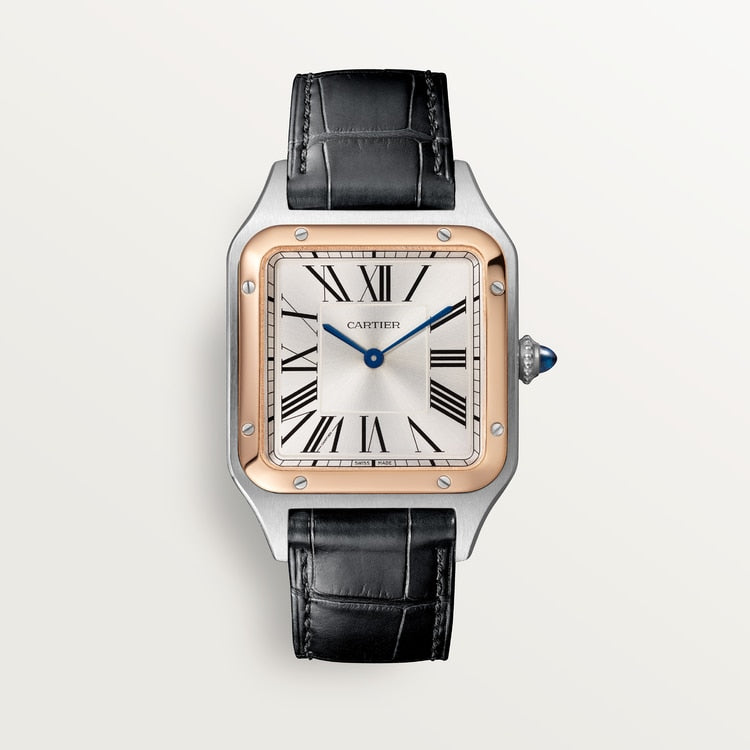 Santos-Dumont Large 43.5mm x 31.4mm Steel Rose Gold Bezel Silvered Satin-Finish Dial Black Alligator Strap Quartz Watch