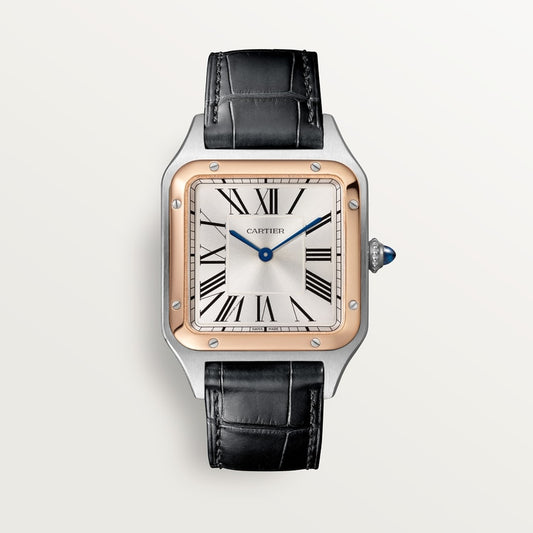 Santos-Dumont Large 43.5mm x 31.4mm Rose Gold Steel Blue Crown Silver Sunray Dial Alligator Leather Strap Quartz Watch