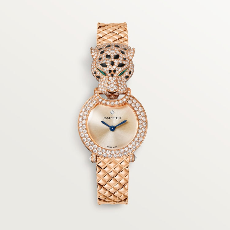 Panthère Mini 23.6mm Rose Gold Diamond Case Emerald Eyes Rose Dial Rose Gold Bracelet Quartz Watch