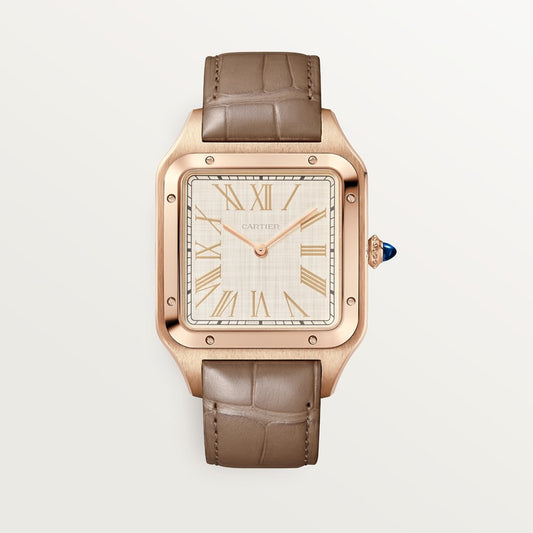 Santos-Dumont Extra-Large 46.6mm x 33.9mm Rose Gold Blue Crown Beige Dial Brown Alligator Strap Manual-Winding Watch