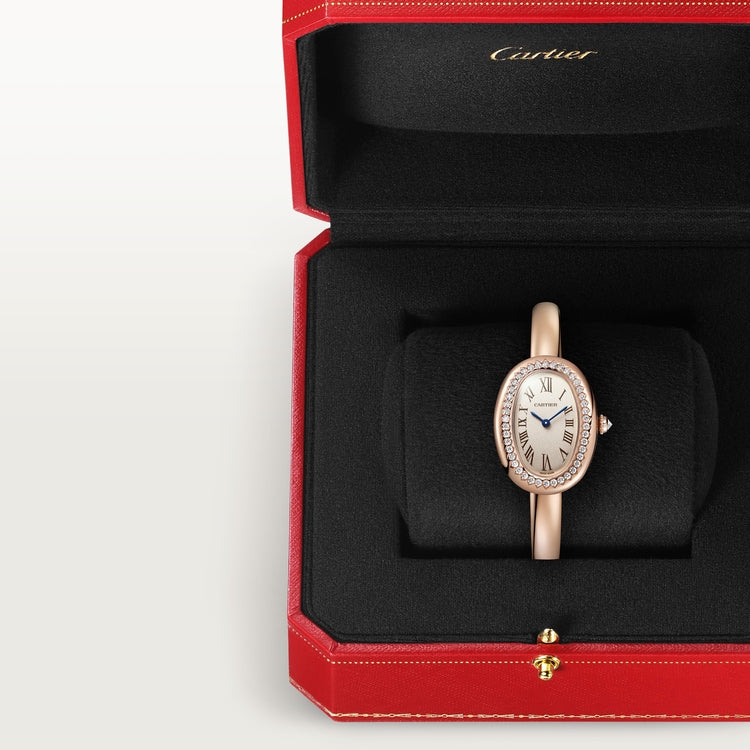 Baignoire Mini 18K Rose Gold Diamond Silvered Dial Alligator Strap Watch
