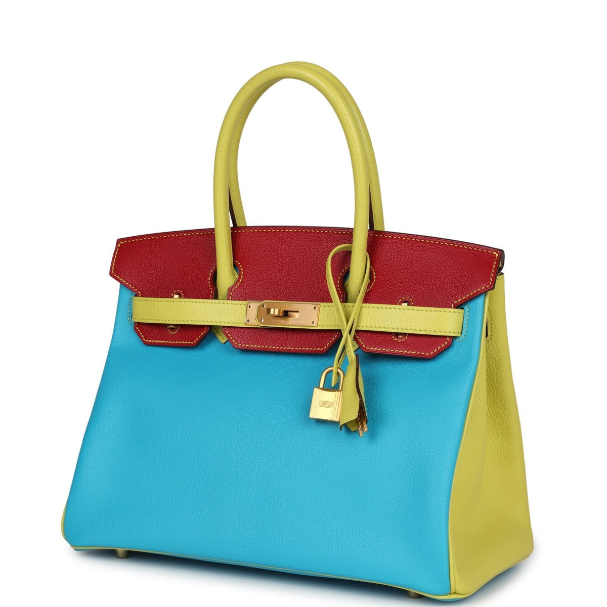 Hermès Special Order (HSS) Tri-color Birkin Bleu Aztec, Soufre and Rouge Vif Chevre Brushed Gold Hardware