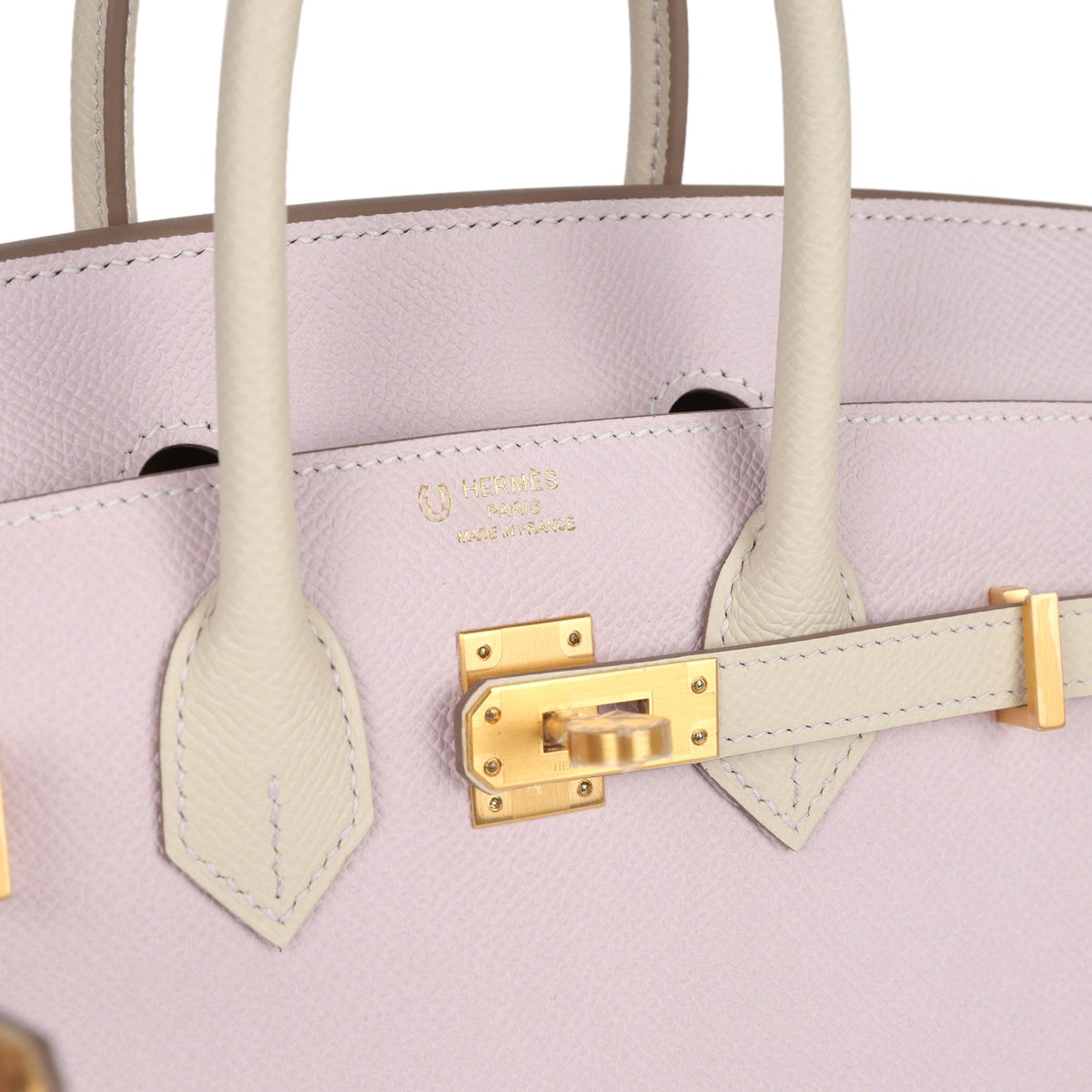 حقيبة بيركين سيلييه 25 بطلب خاص (HSS) باللونين الموف الشاحب (Mauve Pale) والكري (Craie) من جلد إبسوم مع قطع معدنية من ذهب مصقول