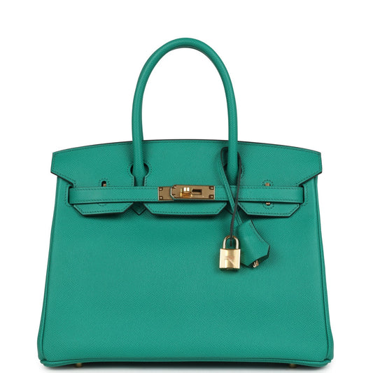 حقيبة بيركين 30 بلون أخضر اليشم (Vert Jade) من جلد إبسوم مع إكسسوارات ذهب