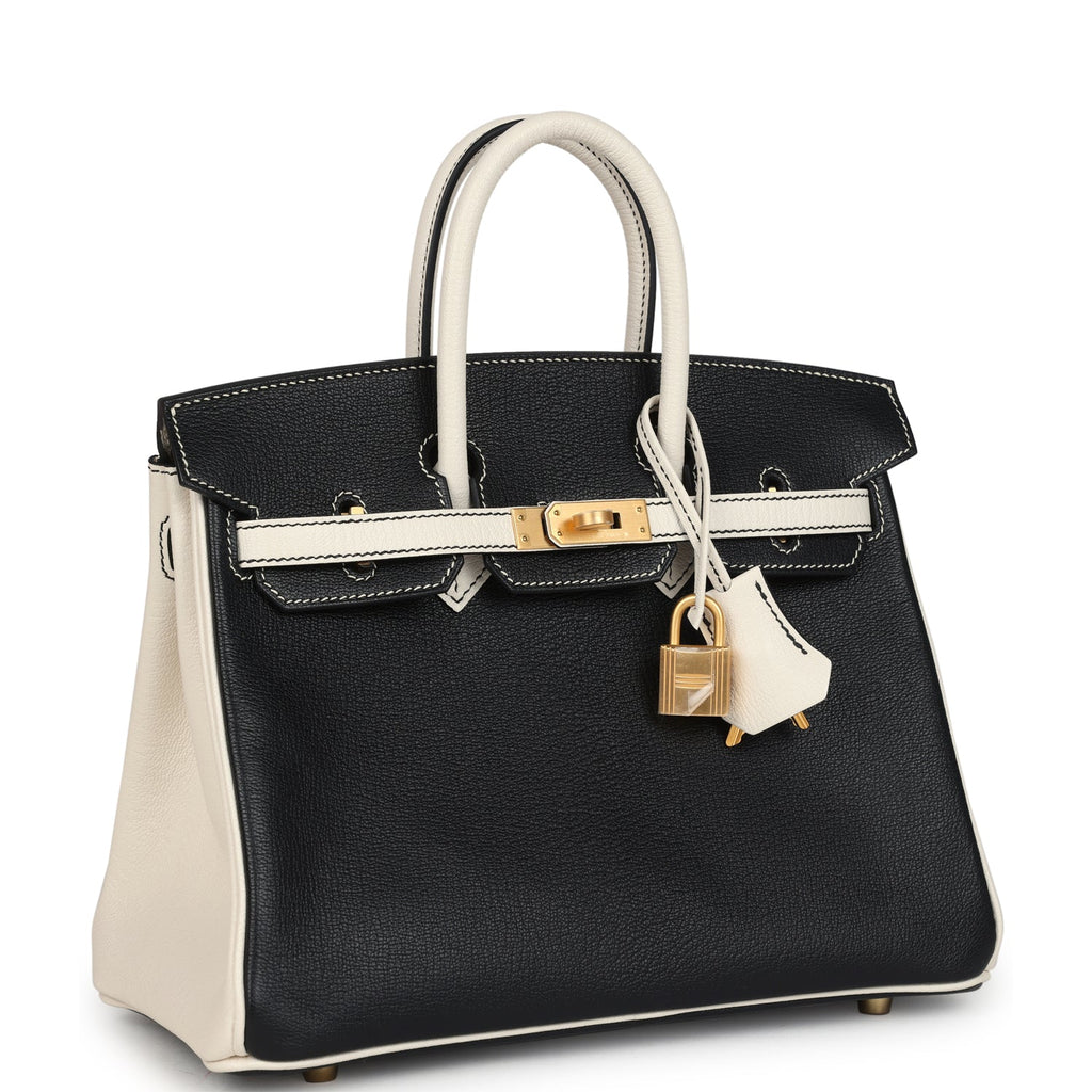Hermès Special Order (HSS) Birkin 25 Bi-Color Black and Nata Chevre Mysore Brushed Gold Hardware