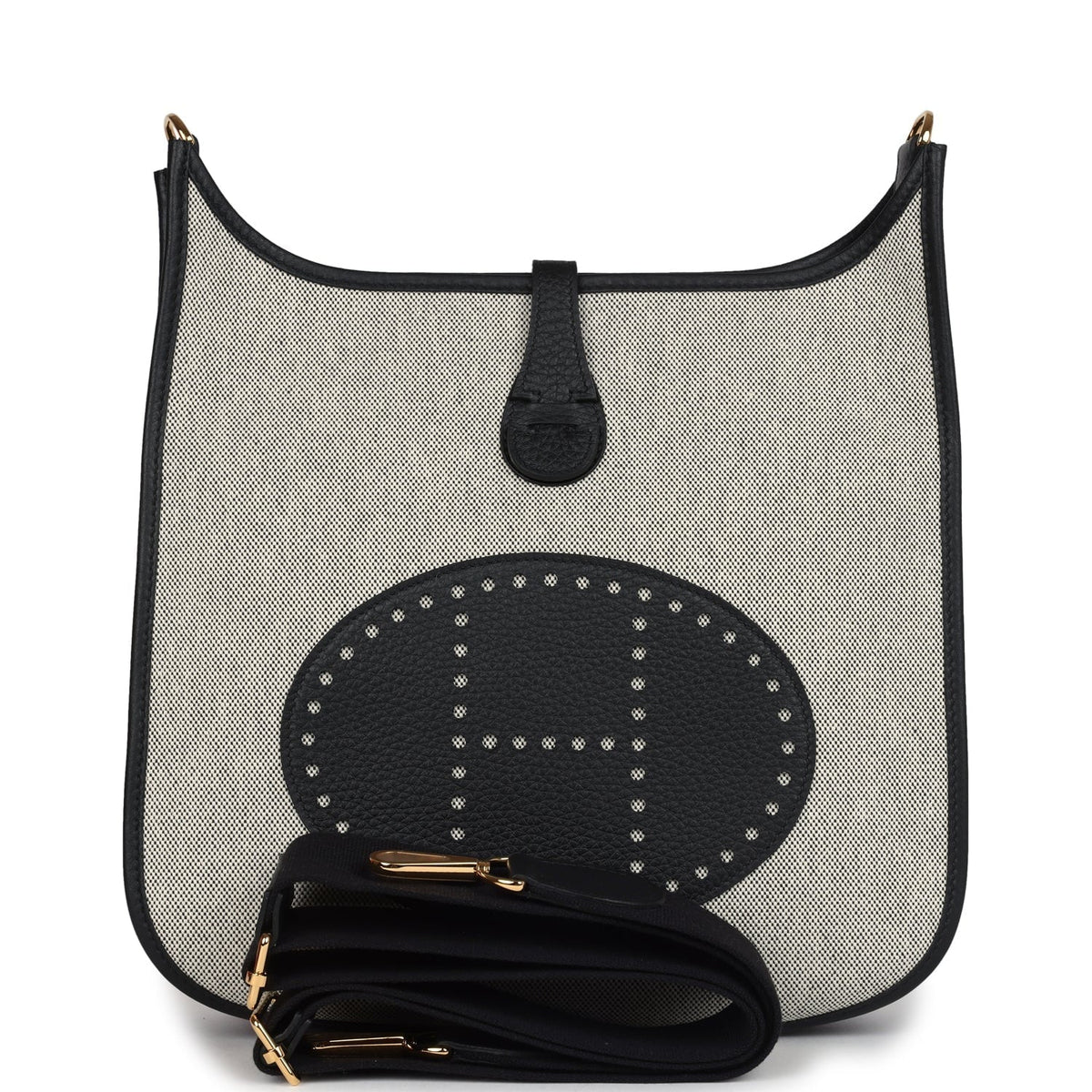 Evelyne III PM Black Clemence and Ecru Toile Gold Hardware