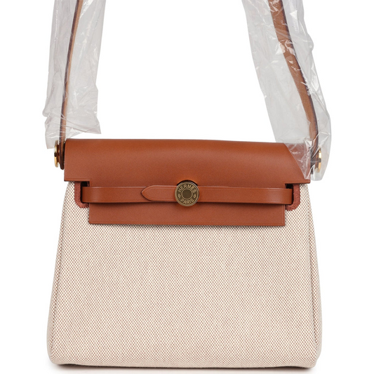 Herbag Zip 20 Mini Ecru and Beige Toile H Canvas and Fauve Vache Hunter Gold Hardware