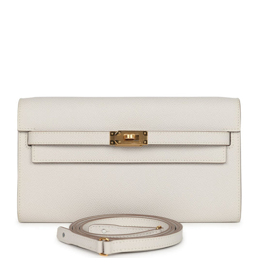 محفظة كيلي تو جو (Kelly Wallet To Go) باللون الرمادي الشاحب (Gris Pale) من جلد إبسوم مع قطع معدنية من ذهب