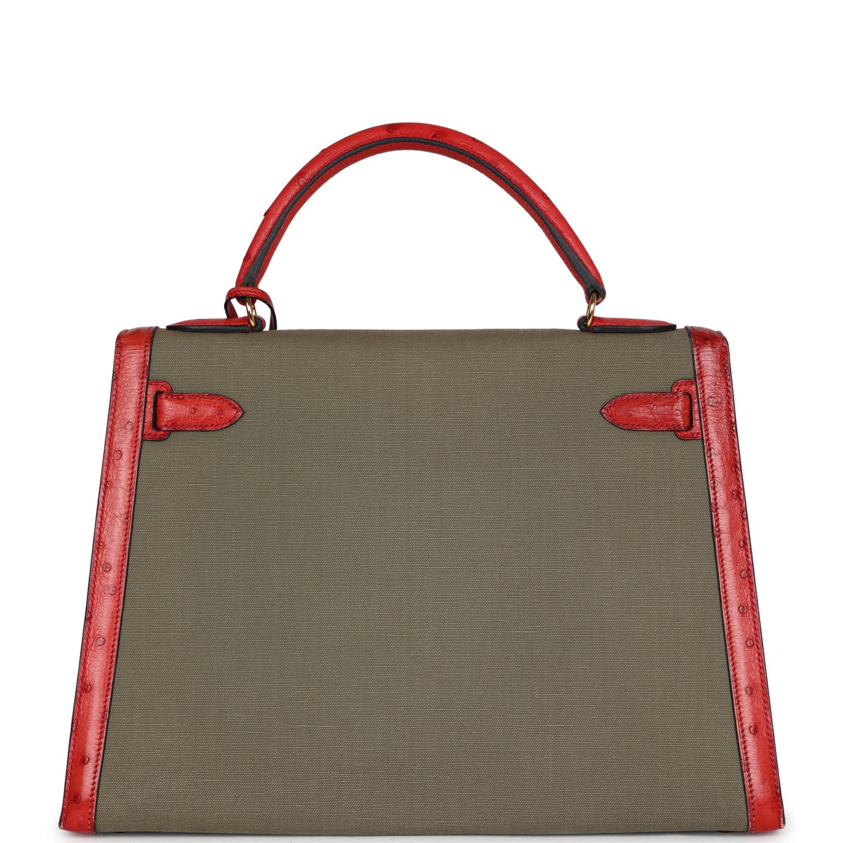 Vintage Kelly Sellier 32 Rouge Vif Ostrich and Vert Olive Officier Canvas Gold Hardware
