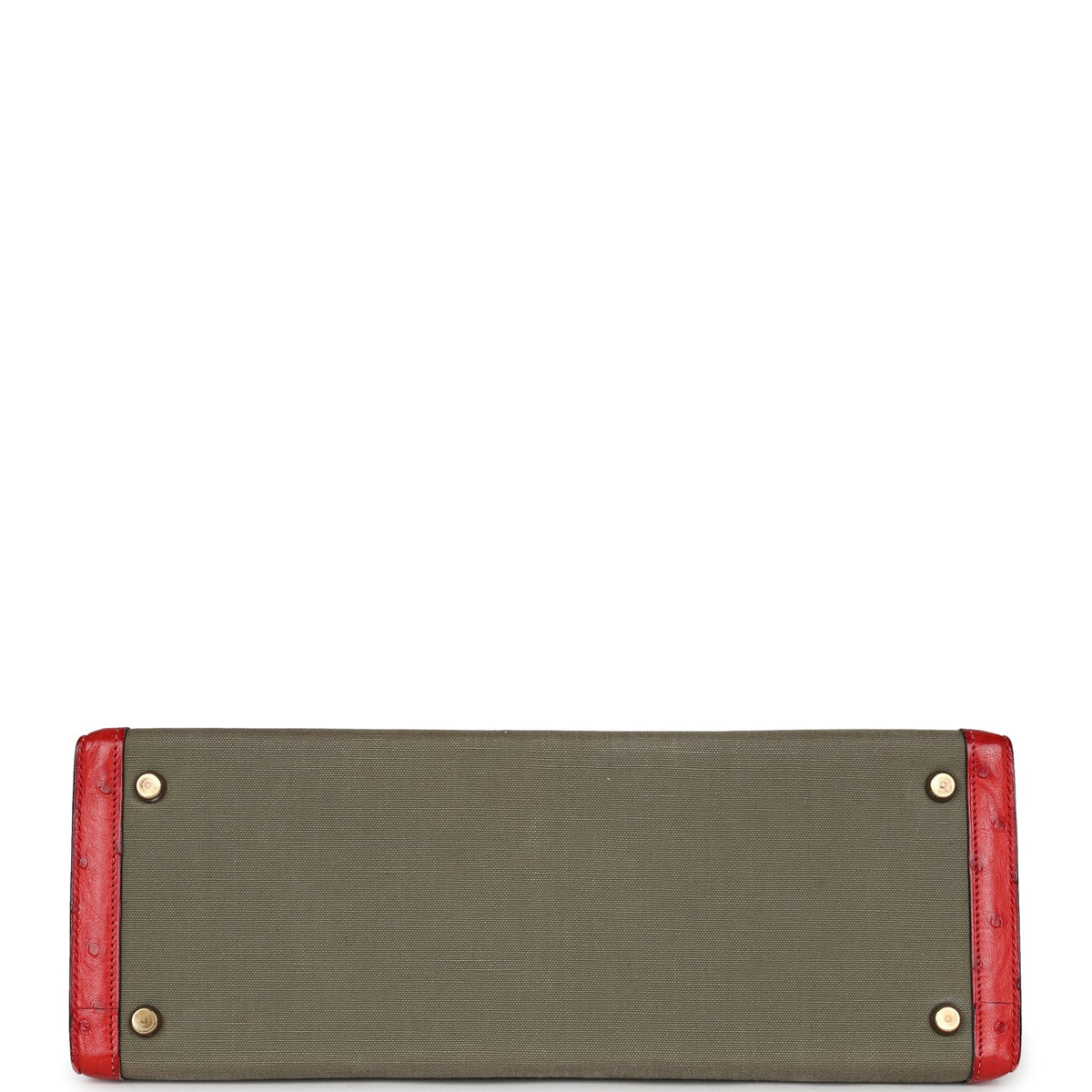 Vintage Kelly Sellier 32 Rouge Vif Ostrich and Vert Olive Officier Canvas Gold Hardware
